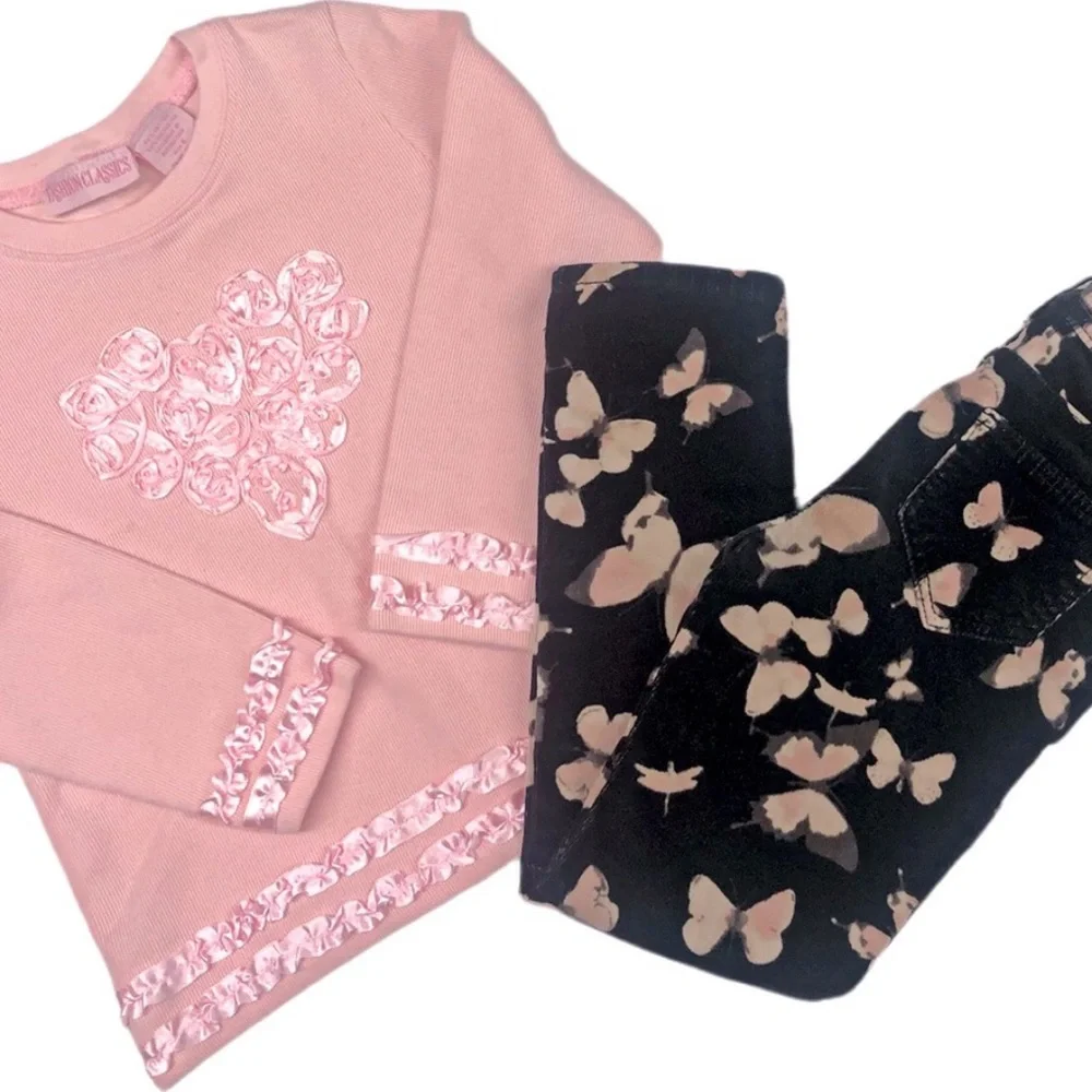 Girls Size 6 Pink Ruffled Top & Butterfly Cords